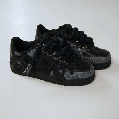 Custom Air Force 1 Black Silver Rose Embroidery – BL4IR - BL4IR